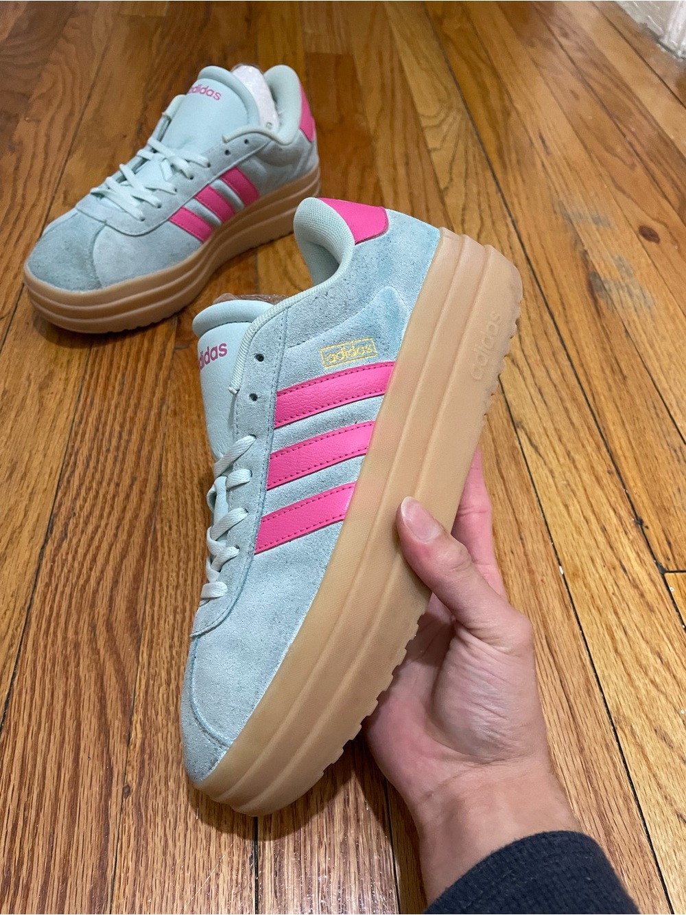 adidas Women's Mint Suede Sneakers with Pink Stripes and Gum Platform - Picture 5 of 9
